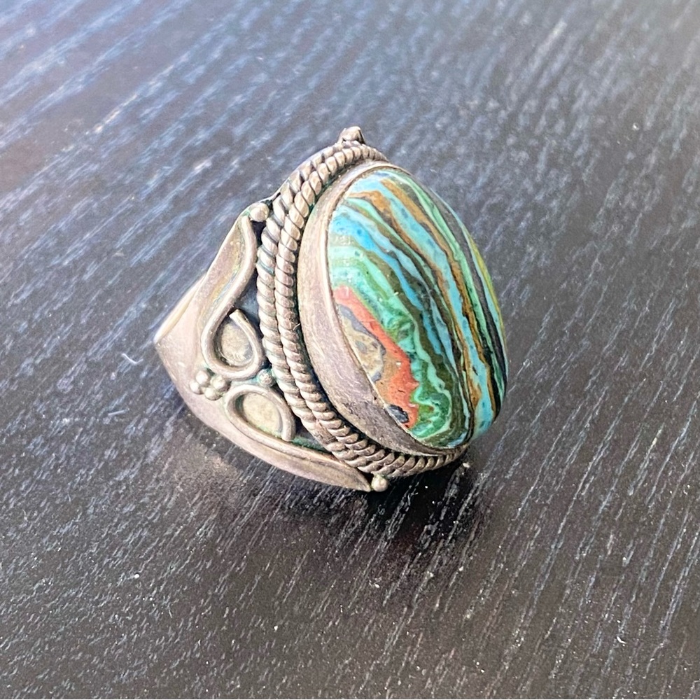 BOHO | Rainbow Stone Sterling Silver Ornate Gemstone Ring